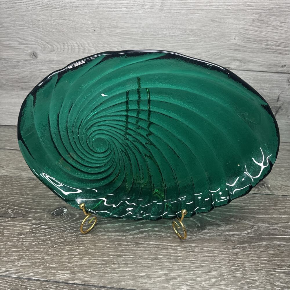 Emerald Green Swirl Oval Heavy Glass Serving Dish 13.25X8.75”